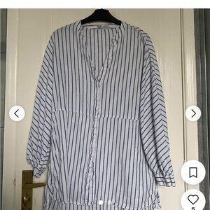 Zara TRF Collection White & Blue Relaxed 3/4 Sleeve Linen blend Tunic Blouse.